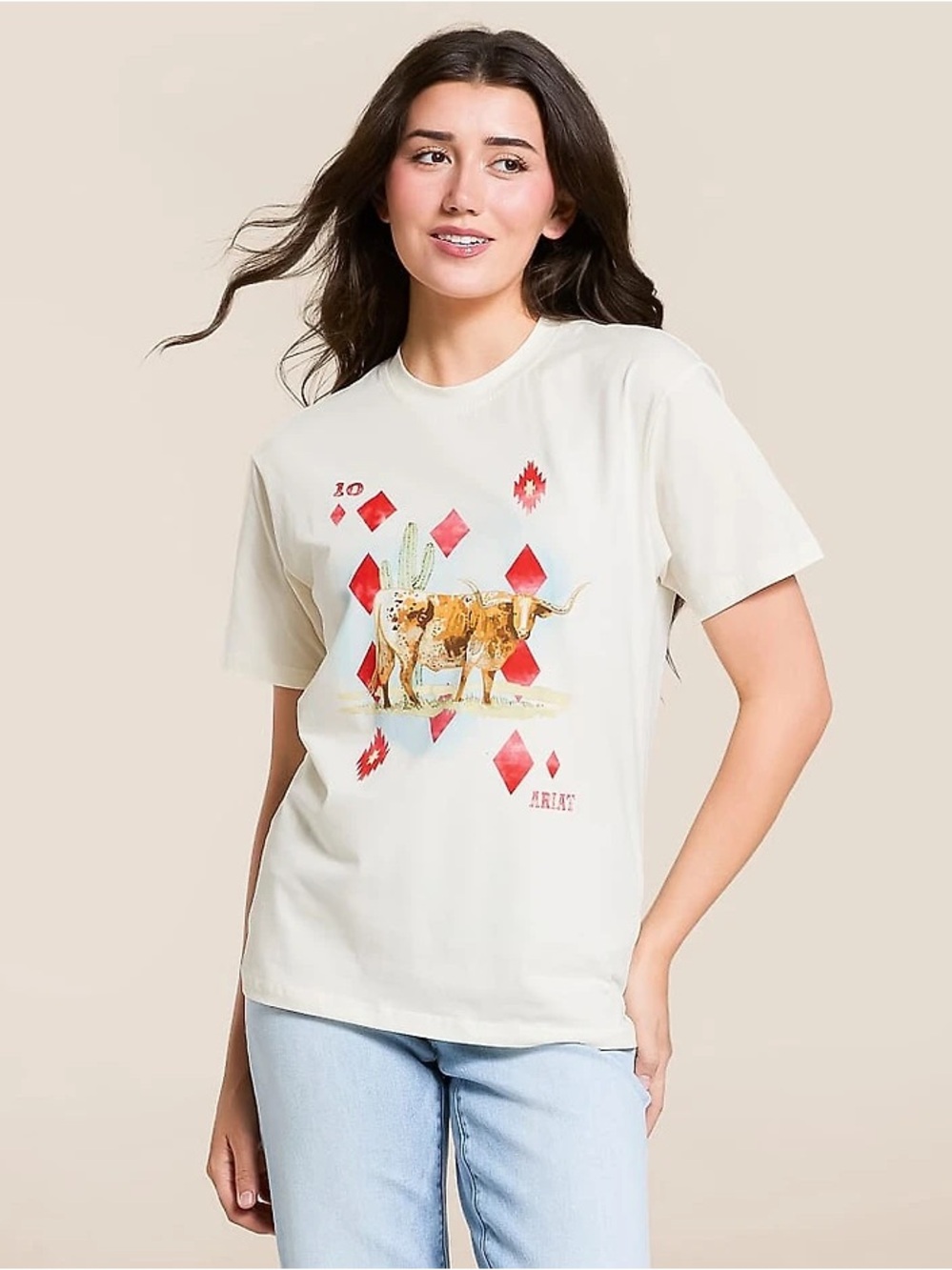 Ariat Aces Boyfriend T-Shirt Cream Graphic Longhorn Tee Size Small NWT
